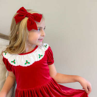 Embroidered Holly Holiday Red Velvet Dress - Stellybelly