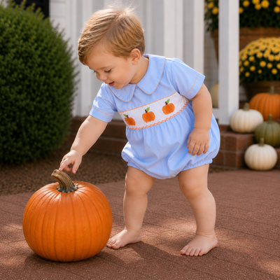 Smocked Pumpkins Collared Boy Bubble - Light Blue