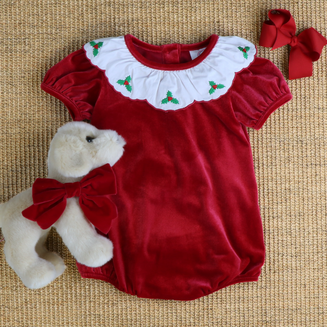 Embroidered Holly Holiday Red Velvet Girl Bubble - Stellybelly