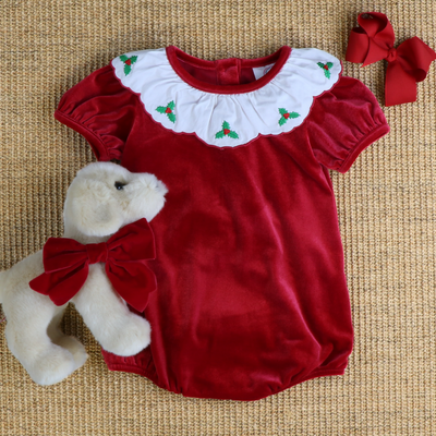 Embroidered Holly Holiday Red Velvet Girl Bubble - Stellybelly