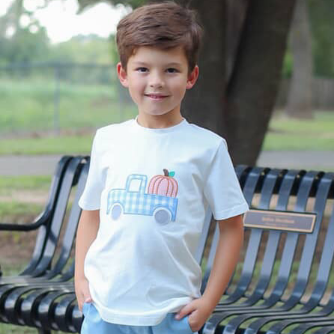 Pumpkin & Truck Appliqué Shirt - White Knit