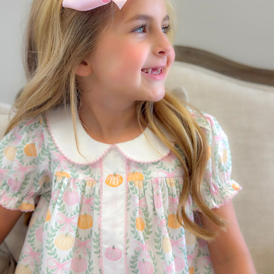 Embroidered Pink & Orange Pumpkins Collared Dress-  Pumpkin Pink Bow Trellis