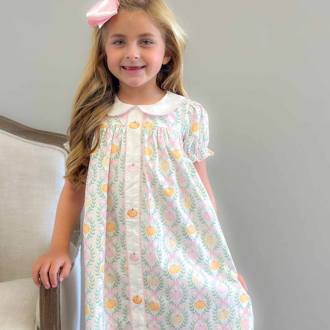 Embroidered Pink & Orange Pumpkins Collared Dress-  Pumpkin Pink Bow Trellis