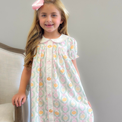 Embroidered Pink & Orange Pumpkins Collared Dress- Pumpkin Pink Bow Trellis