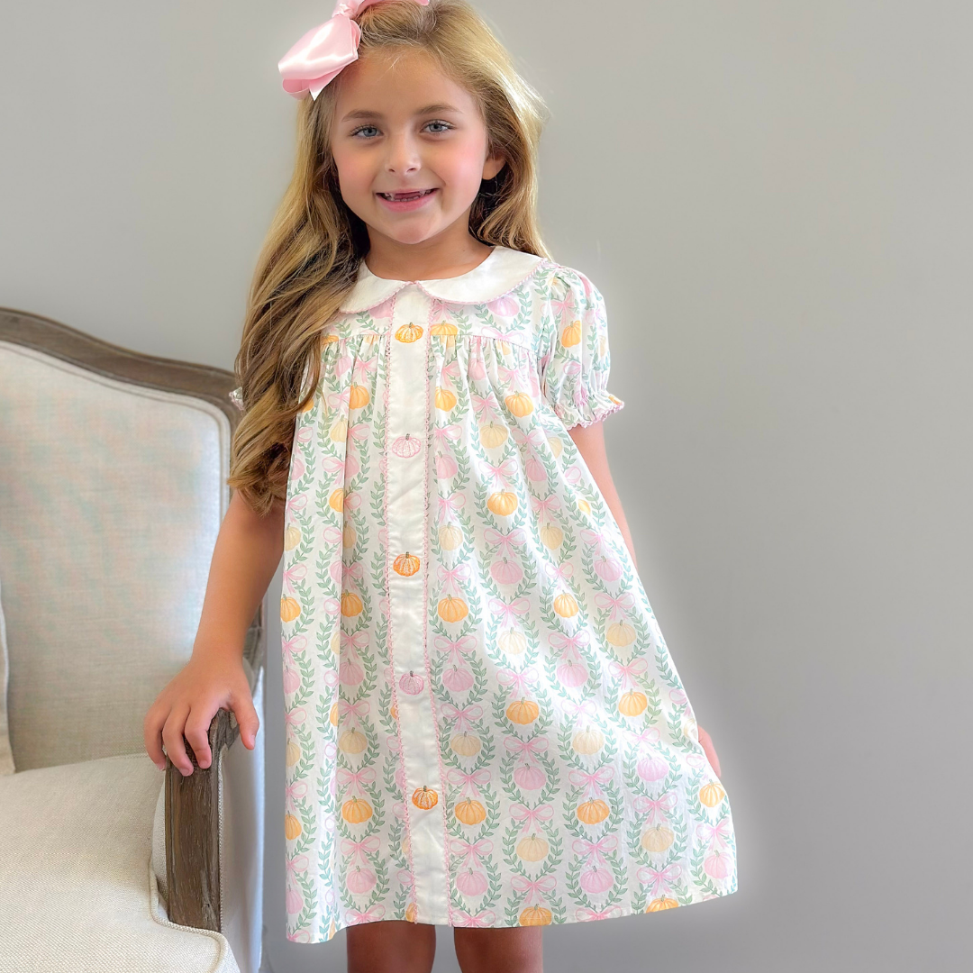 Embroidered Pink & Orange Pumpkins Collared Dress-  Pumpkin Pink Bow Trellis