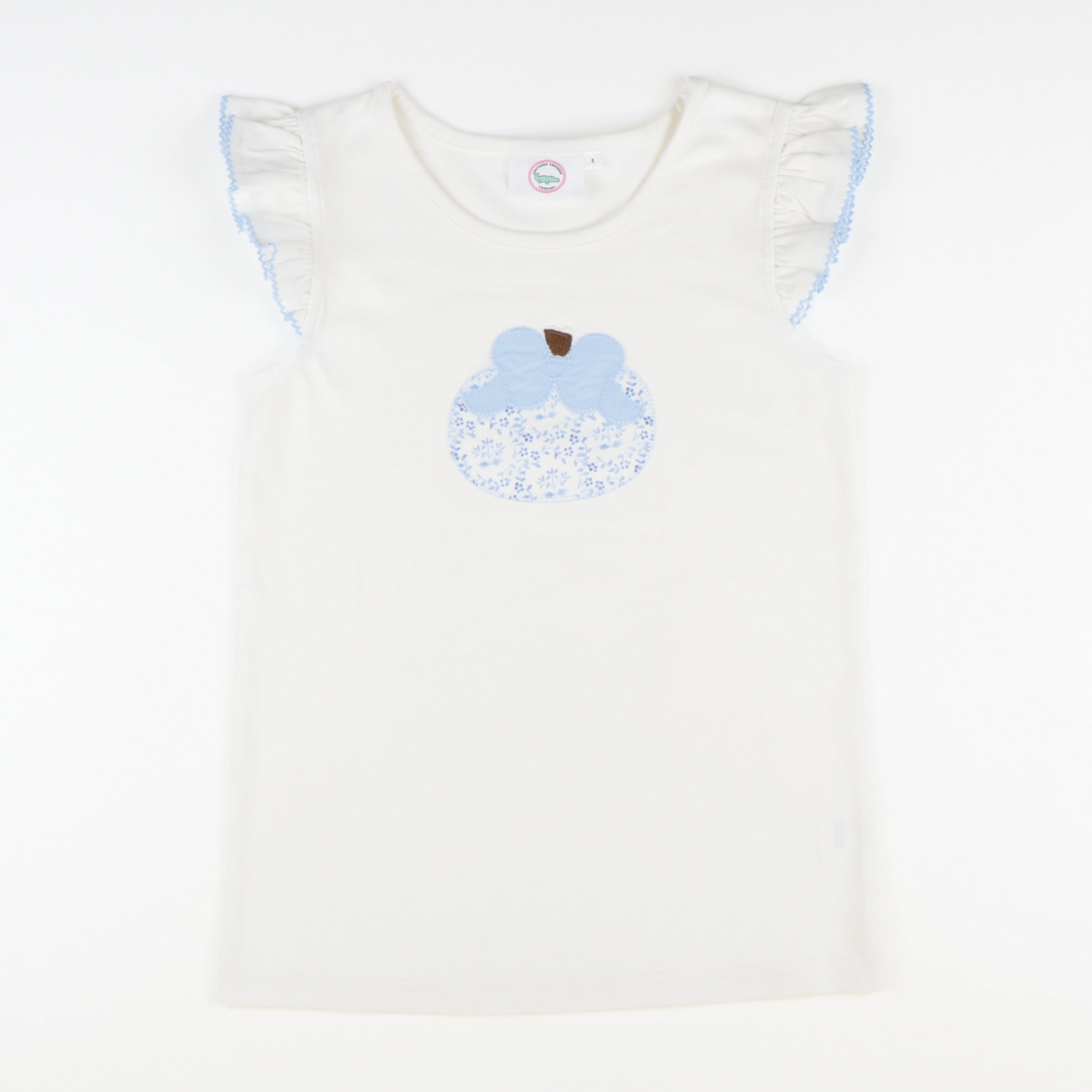 Blue Chinoiserie Pumpkin Appliqué Flutter Top - White Knit