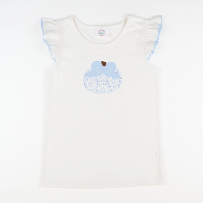 Blue Chinoiserie Pumpkin Appliqué Flutter Top - White Knit