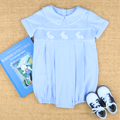 Smocked White Silhouette Bunnies Boy Collared Bubble - Light Blue - Southern Smocked Co.