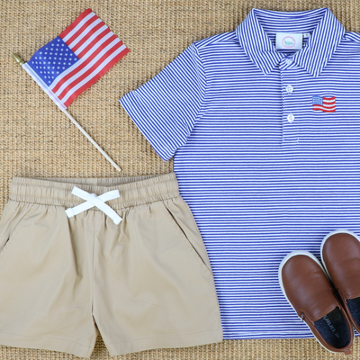 Embroidered Flag Knit Polo - Royal Blue Thin Stripe