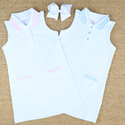 Courtside Tennis Dress - White & Light Blue