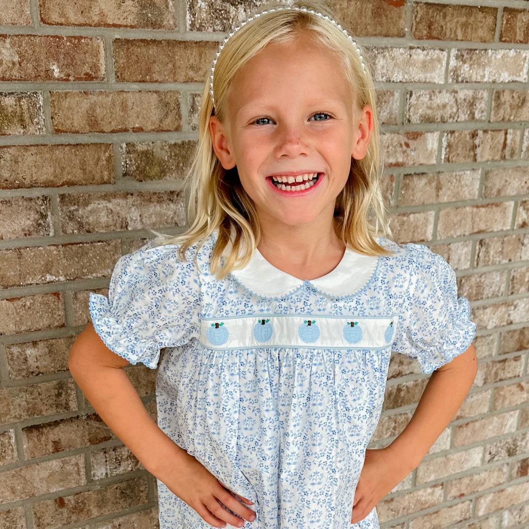 Embroidered Tiny Blue Pumpkins Dress - Blue Chinoiserie