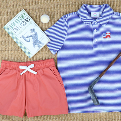 Embroidered Flag Knit Polo - Royal Blue Thin Stripe