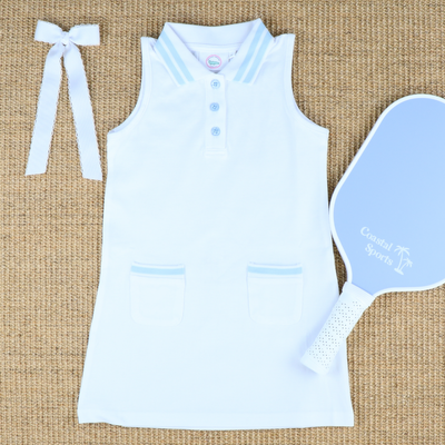 Courtside Tennis Dress - White & Light Blue - Southern Smocked Co.