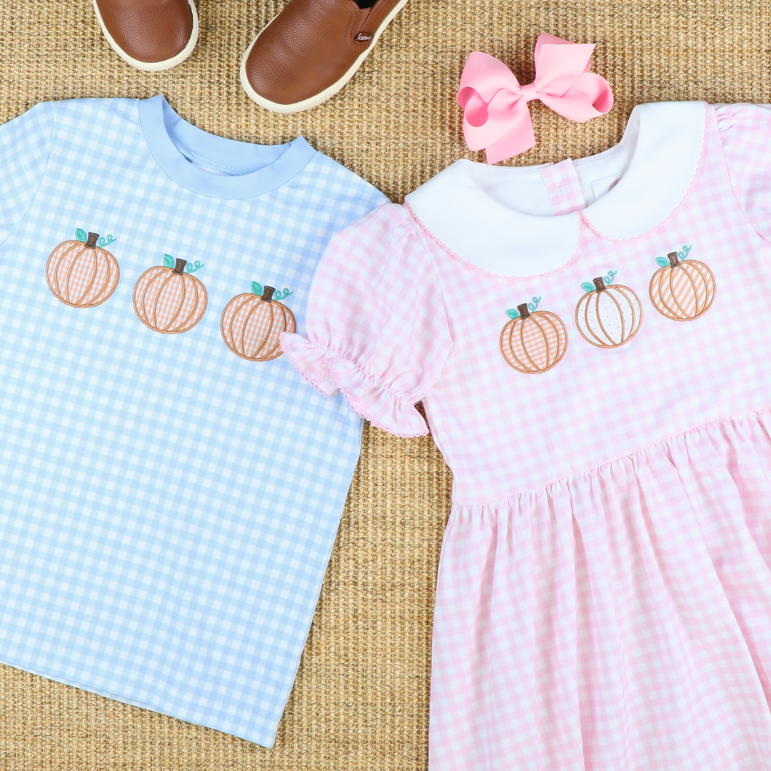 Pumpkin Trio Appliqué Collared Dress- Light Pink Check Knit
