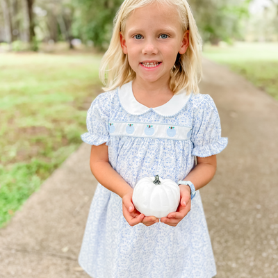 Embroidered Tiny Blue Pumpkins Dress - Blue Chinoiserie