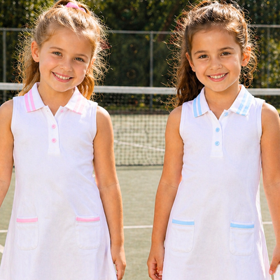 Courtside Tennis Dress - White & Light Blue - Southern Smocked Co.