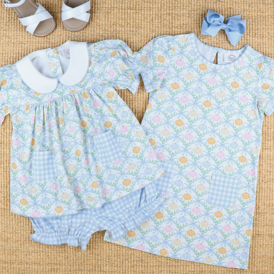 Playground Pocket Dress - Pumpkin Blue Bow Trellis