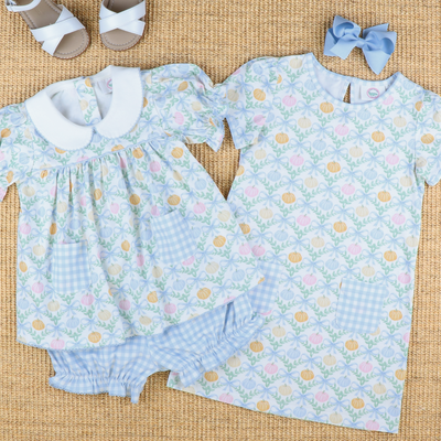 Playground Pocket Dress - Pumpkin Blue Bow Trellis