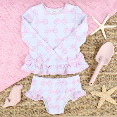 Two-Piece Ruffle Rash Guard - Pink Bows