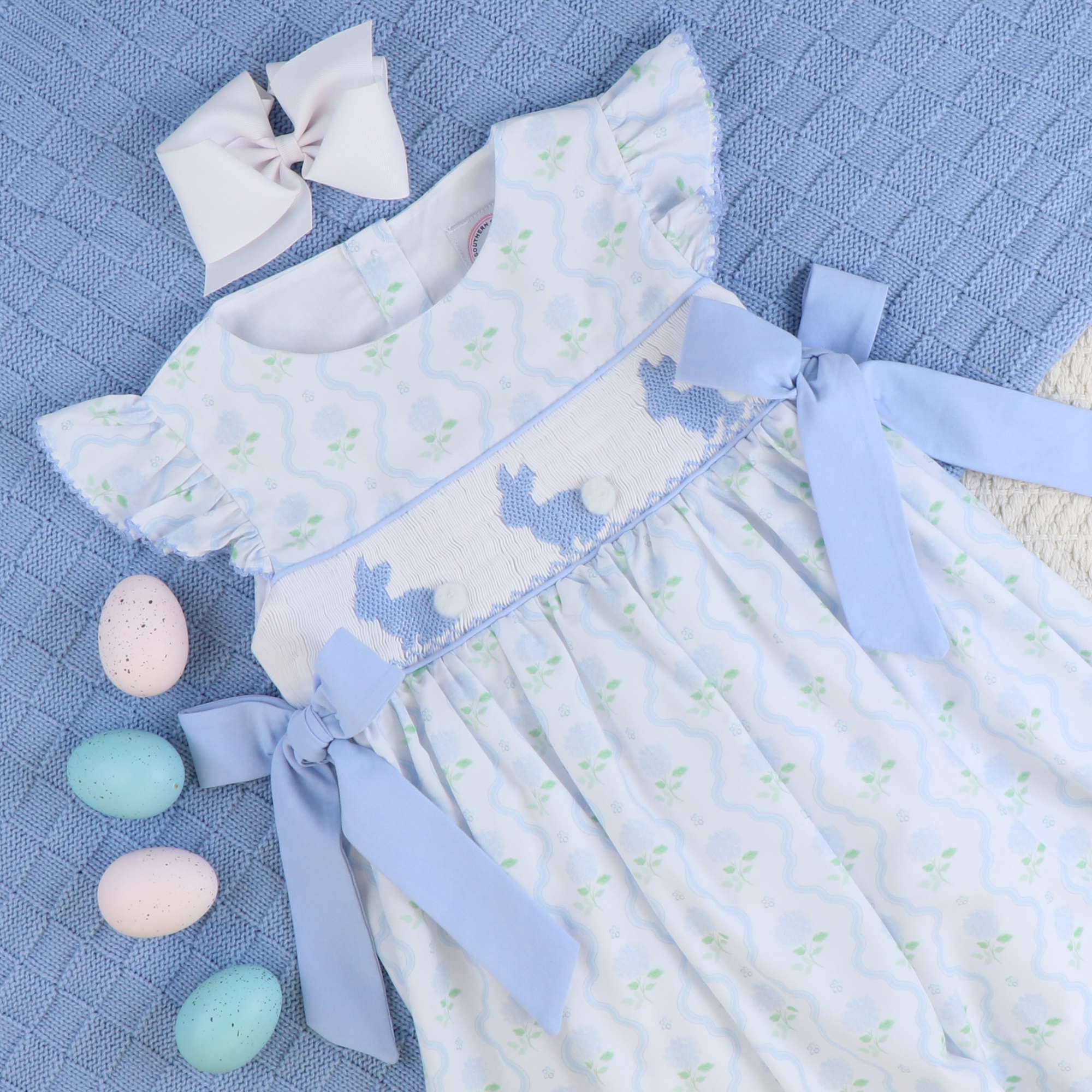 Smocked Blue Bunnies Dress- Hydrangea Blooms Smocked Blue Bunnies Dress- Hydrangea Blooms