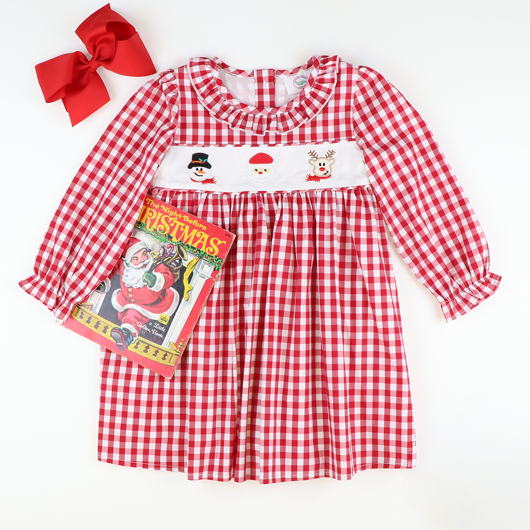 Embroidered Christmas Friends Dress- Holiday Red Check Embroidered Christmas Friends Dress- Holiday Red Check