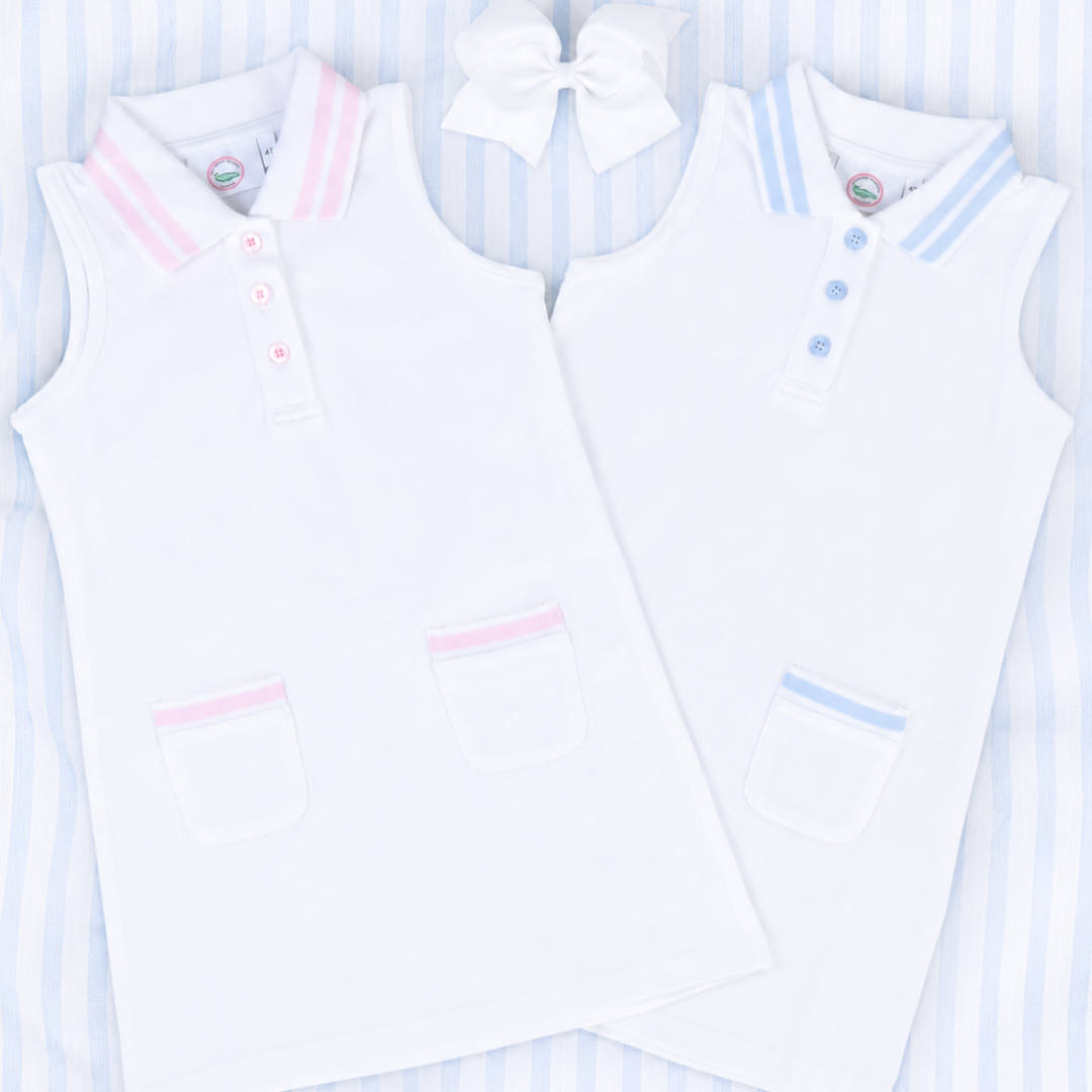 Courtside Tennis Dress - White & Light Blue - Southern Smocked Co.