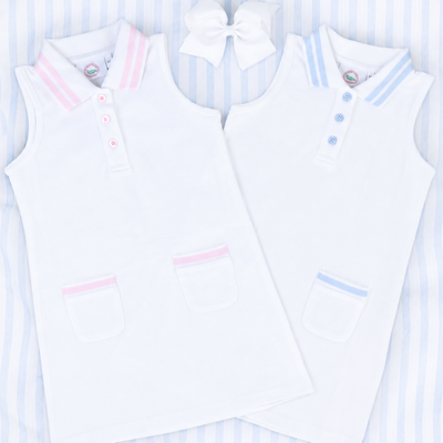 Courtside Tennis Dress - White & Light Blue - Southern Smocked Co.