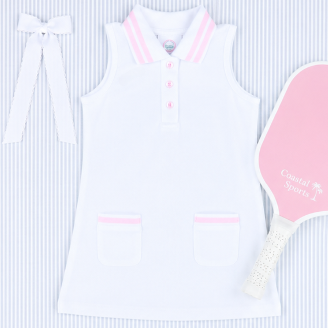 Courtside Tennis Dress - White & Pink - Southern Smocked Co.