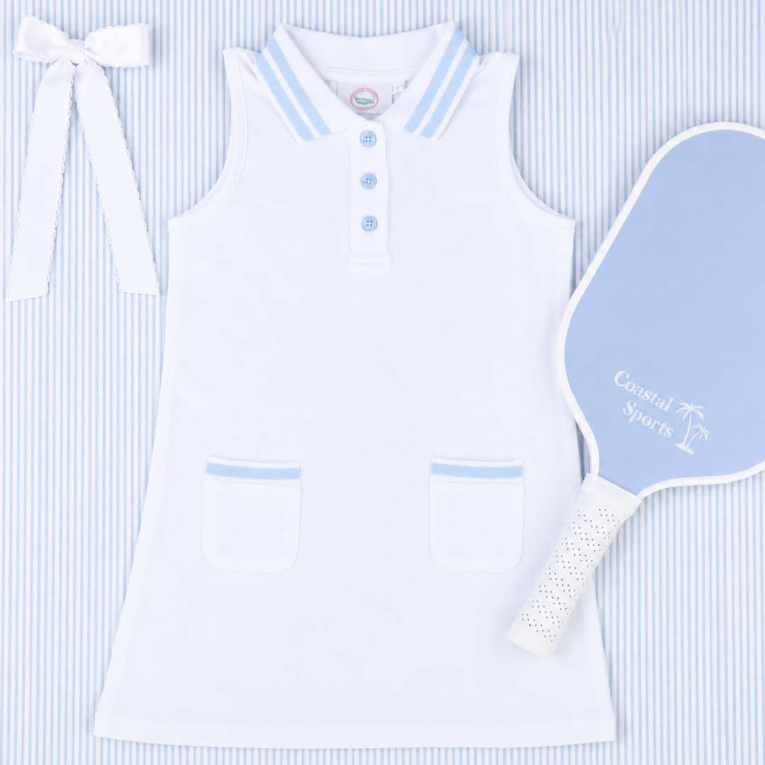 Courtside Tennis Dress - White & Light Blue - Southern Smocked Co.