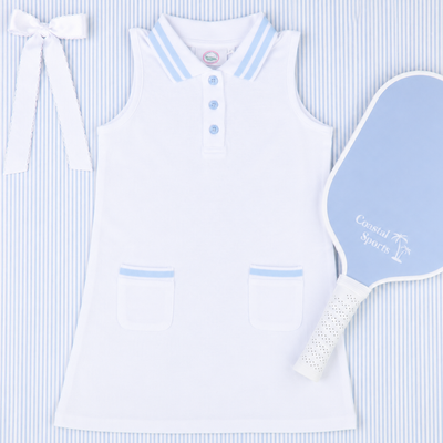 Courtside Tennis Dress - White & Light Blue - Southern Smocked Co.