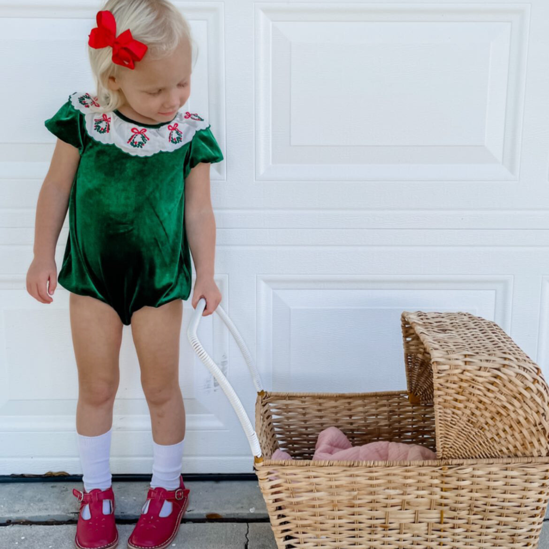 Embroidered Wreath Emerald Velvet Girl Bubble