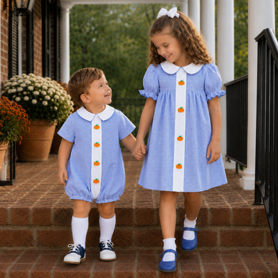 Embroidered Pumpkins Collared Dress - Blue Gingham