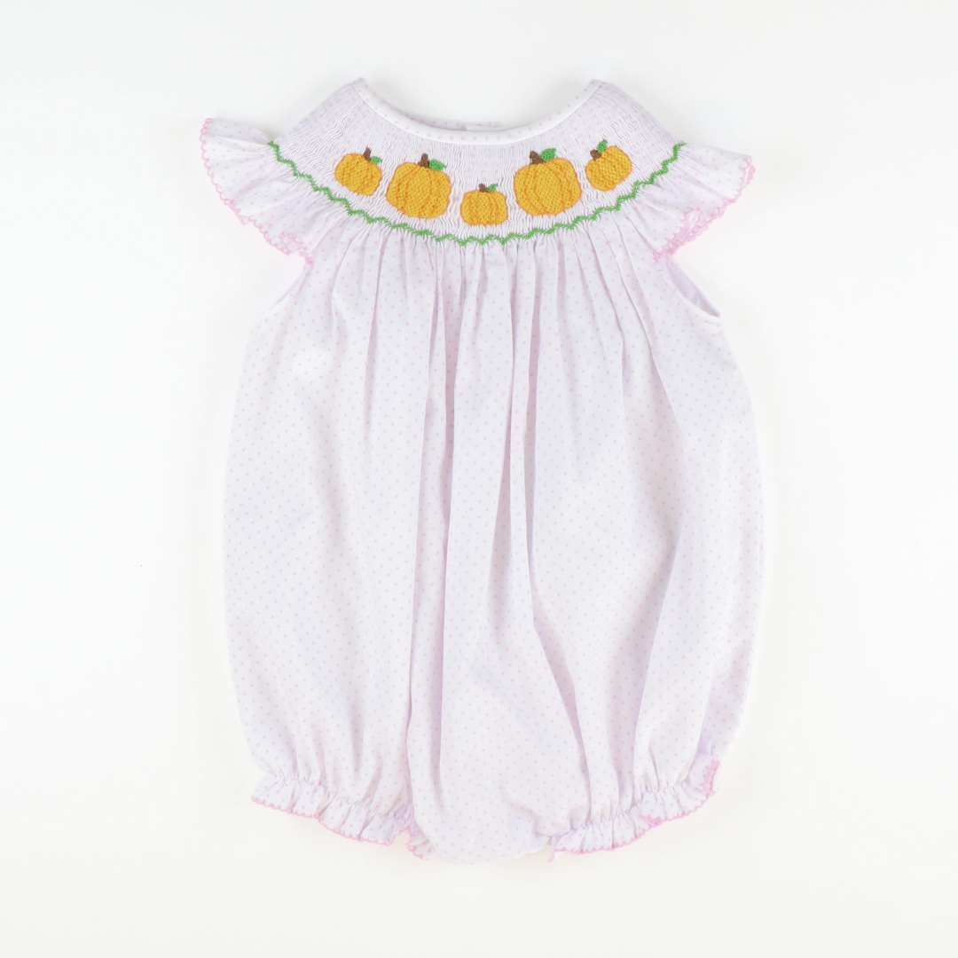 Smocked Pumpkin Patch Girl Bubble - Light Pink Dots