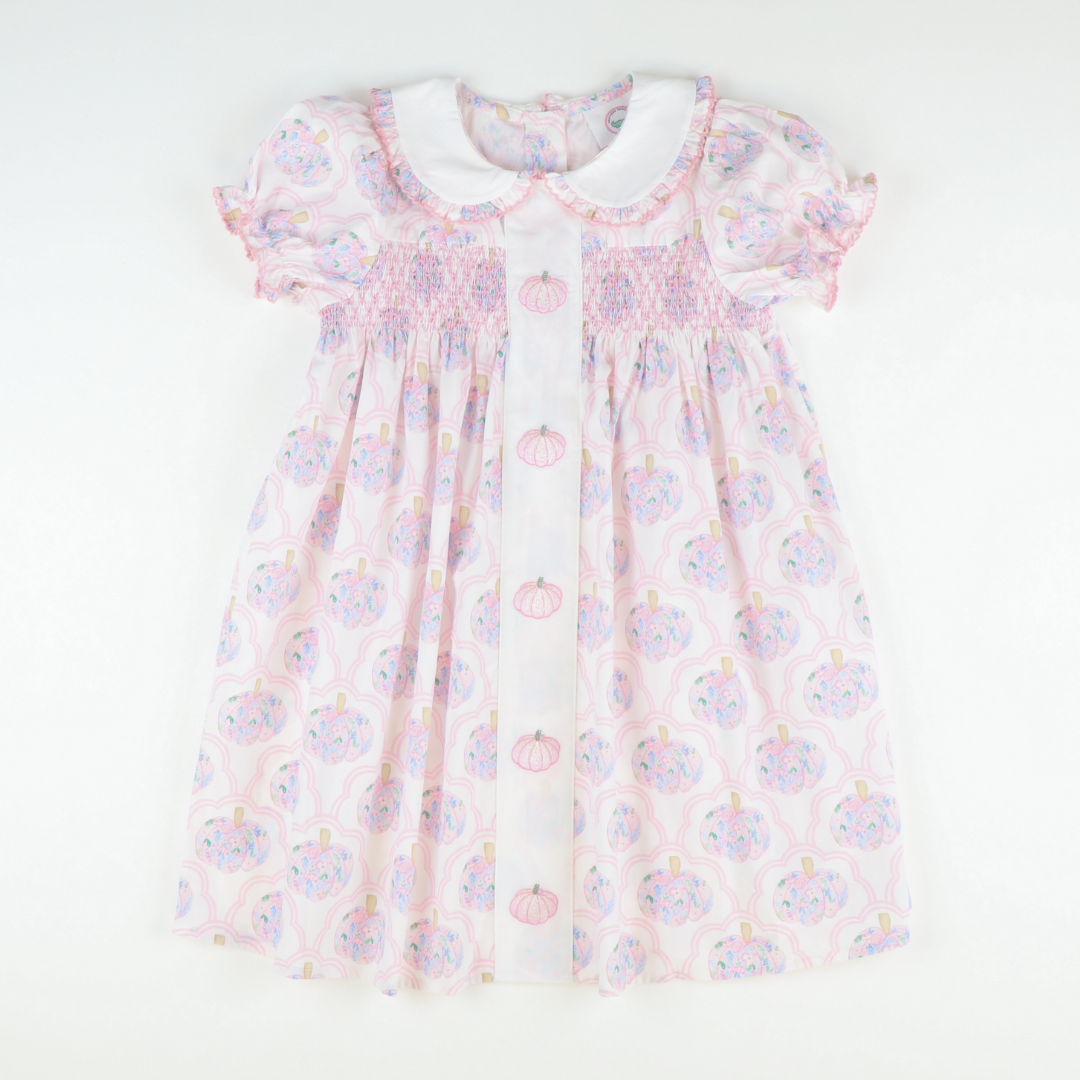 Embroidered Pink Pumpkins Dress - Scalloped Floral Pumpkins