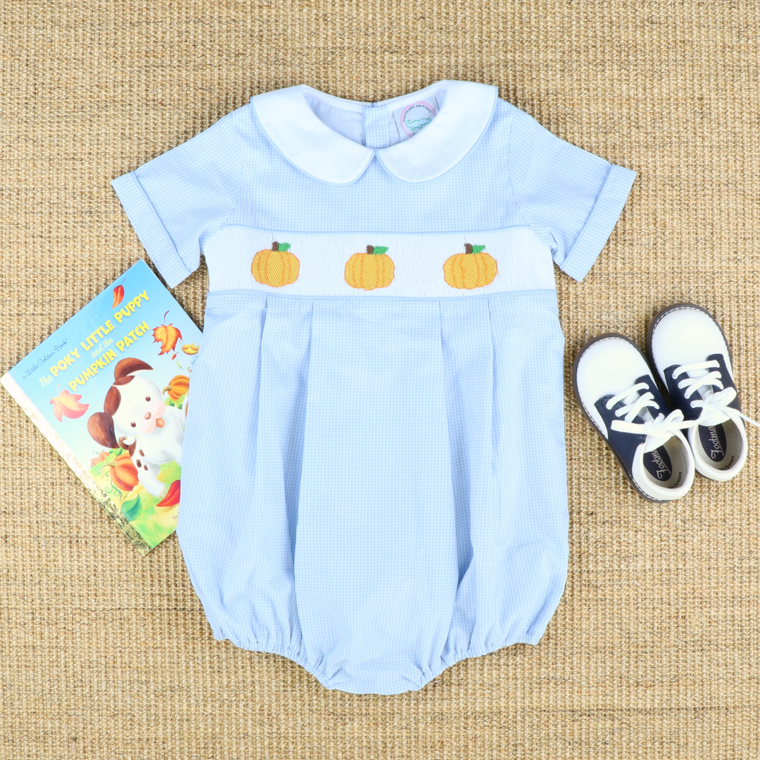 Smocked Pumpkins Collared Boy Bubble- Light Blue Check