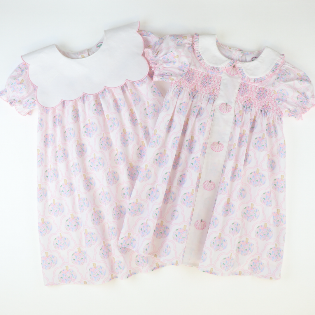 Embroidered Pink Pumpkins Dress - Scalloped Floral Pumpkins
