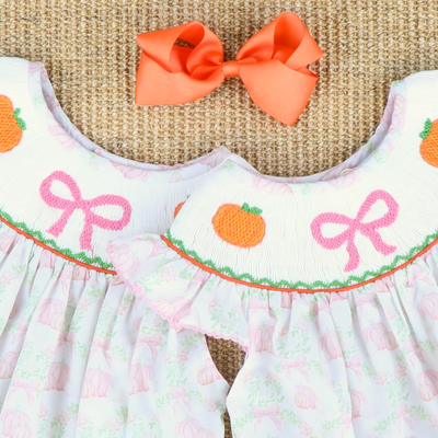 Smocked Pink Bow & Pumpkins Girl Bubble - Pumpkin Lattice - Stellybelly