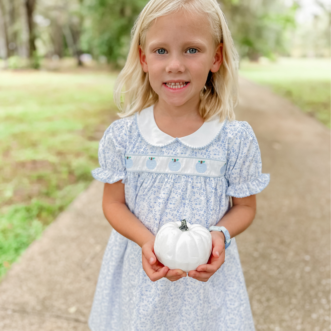Embroidered Tiny Blue Pumpkins Dress - Blue Chinoiserie Embroidered Tiny Blue Pumpkins Dress - Blue Chinoiserie
