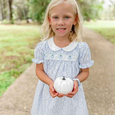 Embroidered Tiny Blue Pumpkins Dress - Blue Chinoiserie