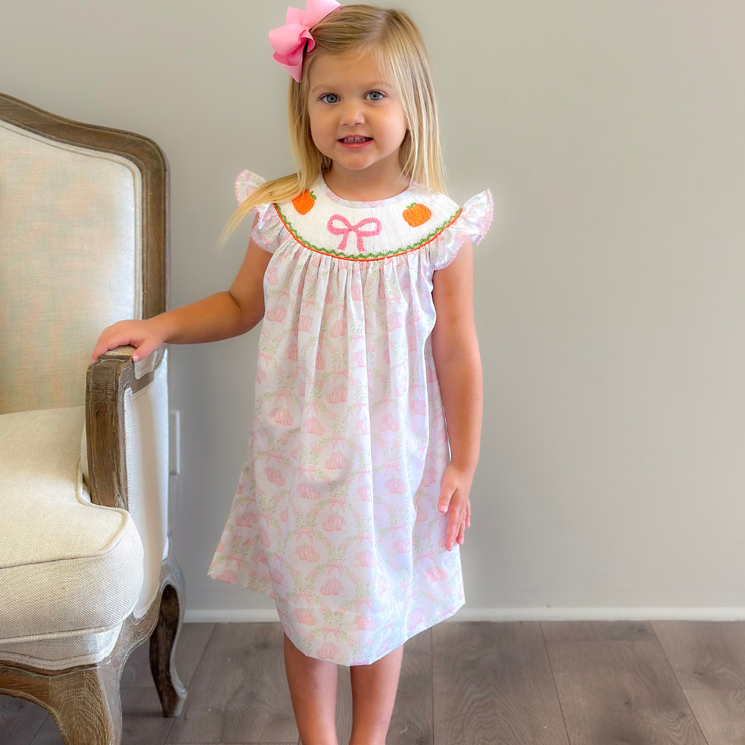 Smocked Pink Bow & Pumpkins Bishop- Pumpkin Lattice