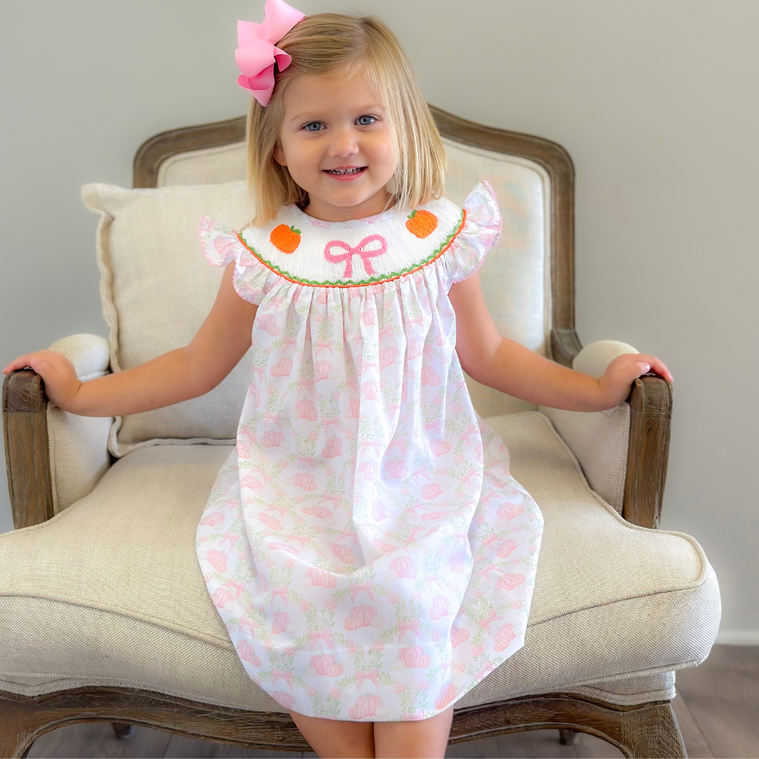 Smocked Pink Bow & Pumpkins Bishop- Pumpkin Lattice