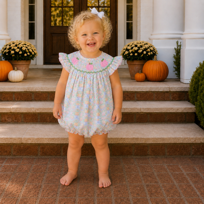 Smocked Pink Pumpkins Girl Bubble - Pumpkins & Vines