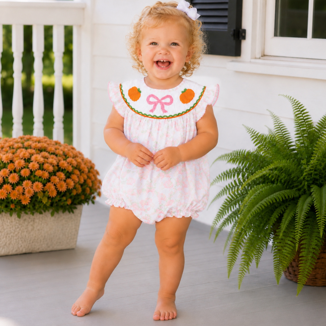 Smocked Pink Bow & Pumpkins Girl Bubble