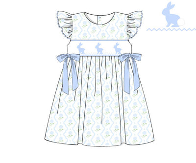 Smocked Blue Bunnies Dress- Hydrangea Blooms