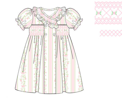 Smocked Ruffle Neck Dress- Pink Floral Vines