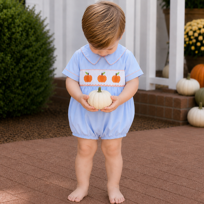 Smocked Pumpkins Collared Boy Bubble - Light Blue