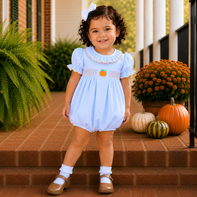 Embroidered Pumpkin Ruffle Neck Girl Bubble - Light Blue Gingham