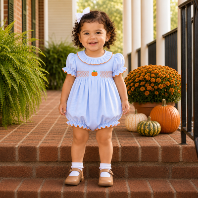 Embroidered Pumpkin Ruffle Neck Girl Bubble - Light Blue Gingham