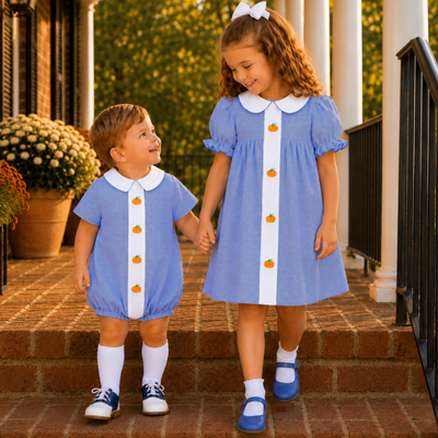 Embroidered Pumpkins Boy Collared Bubble - Blue Gingham