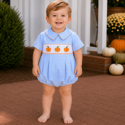Smocked Pumpkins Collared Boy Bubble - Light Blue